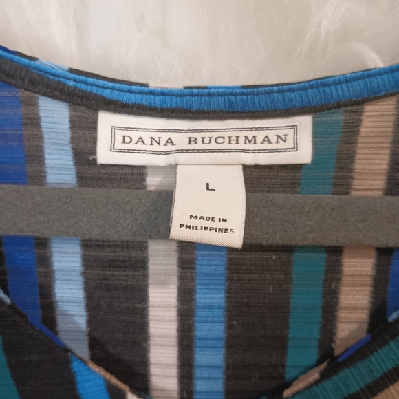 Dana Buchman Blue Green Black White and Tan Striped Long Sleeve V Neck Top L - Picture 8 of 8
